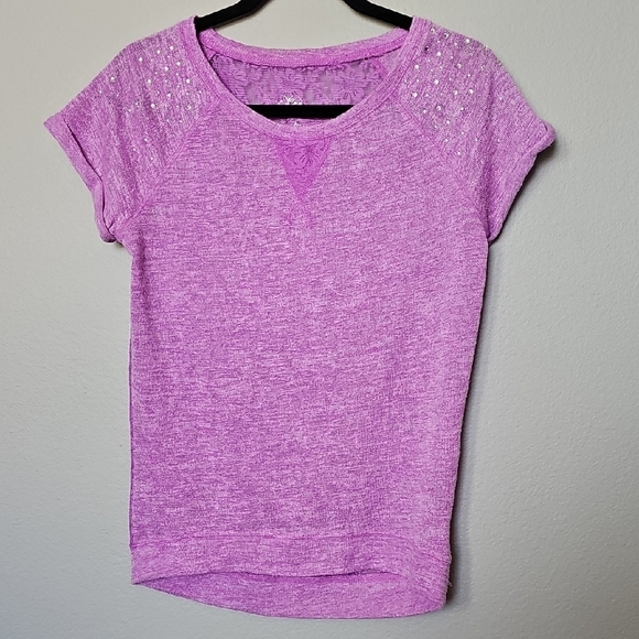 Justice Purple Cuffed Sleeve Lace Back T-Shirt with Crew Neck Size 16 - Picture 1 of 6